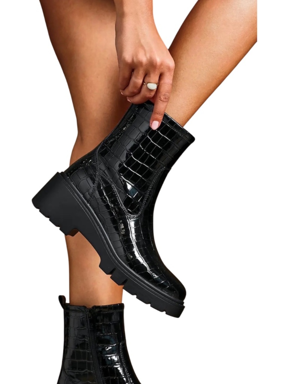Nasty Gal Black Faux Croc Leather Zip Front Ankle Boots Size US 9 UK 7